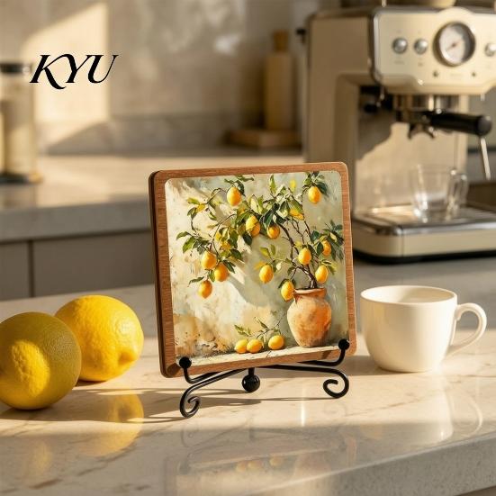 Rustic Wooden Table Sign Vintage Lemon Oil Painting Tabletop Sign, Pastoral Farmhouse Decorative Plaque with Small Piece for Study Iron Stand, Desktop