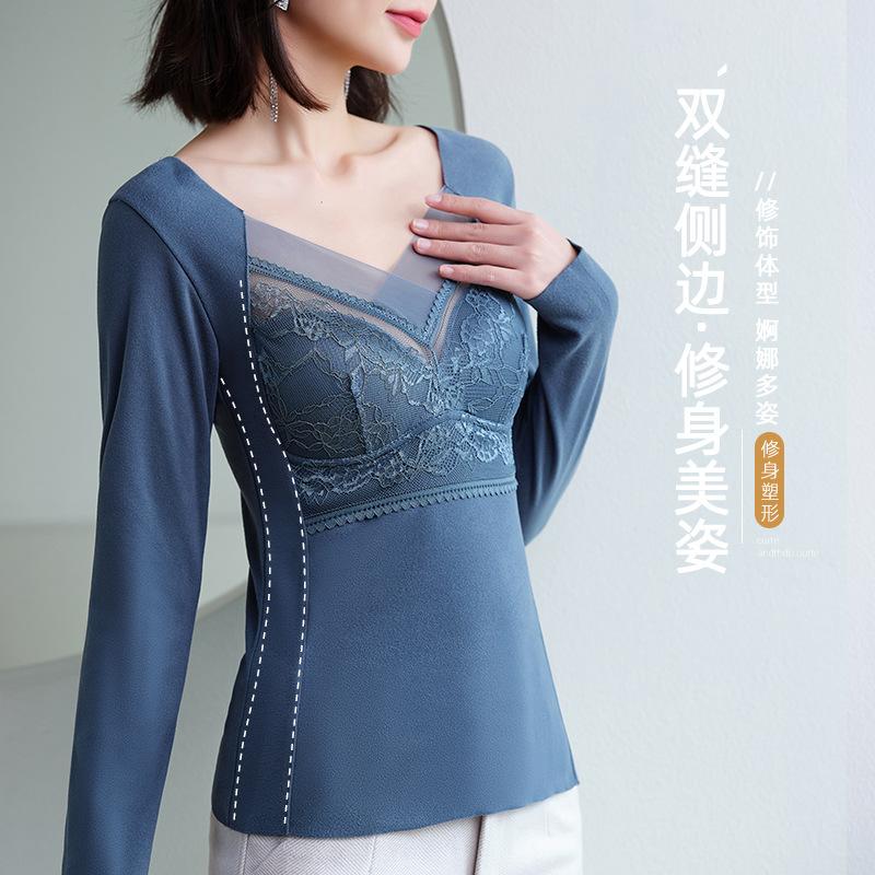 Кружево с нагрудной накладкой немецкое бархатное термобелье женское утолщенное бархатное с глубоким вырезом праймер зимнее с длинными рукавами внутренний топ
