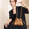 New Niche Drawstring Pleated Soft Cowhide Bag, Genuine Leather High-end Casual Bucket Single Shoulder Messenger Bag Women