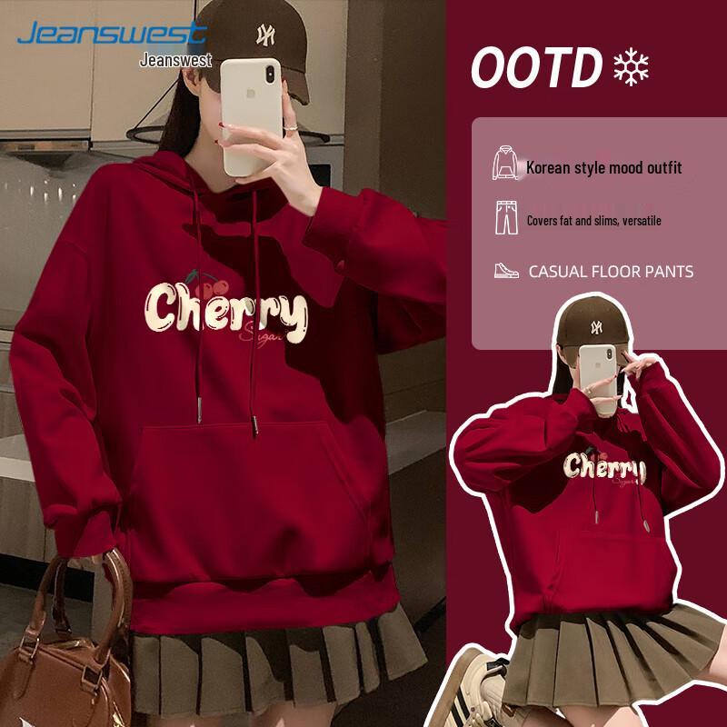 JEANSWEST Women's Cherry Candy Loose Fit Hooded Sweatshirt