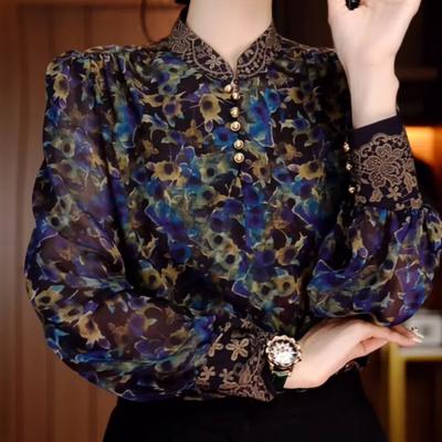 Весна Осень Воротник-стойка Длинный рукав Модная блузка Женская Уличная Повседневная Свободная Принтованная Пуловеры Винтажные Универсальные Топы