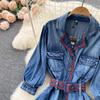 RUGOD Spring and Autumn New Retro Denim Dress Women's Long-sleeved Design Waist Shirt Dress Button High Waist Dress