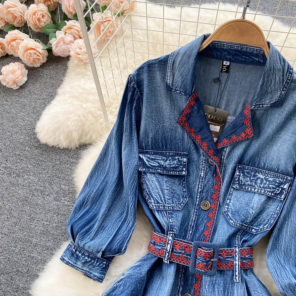 RUGOD Spring and Autumn New Retro Denim Dress Women's Long-sleeved Design Waist Shirt Dress Button High Waist Dress