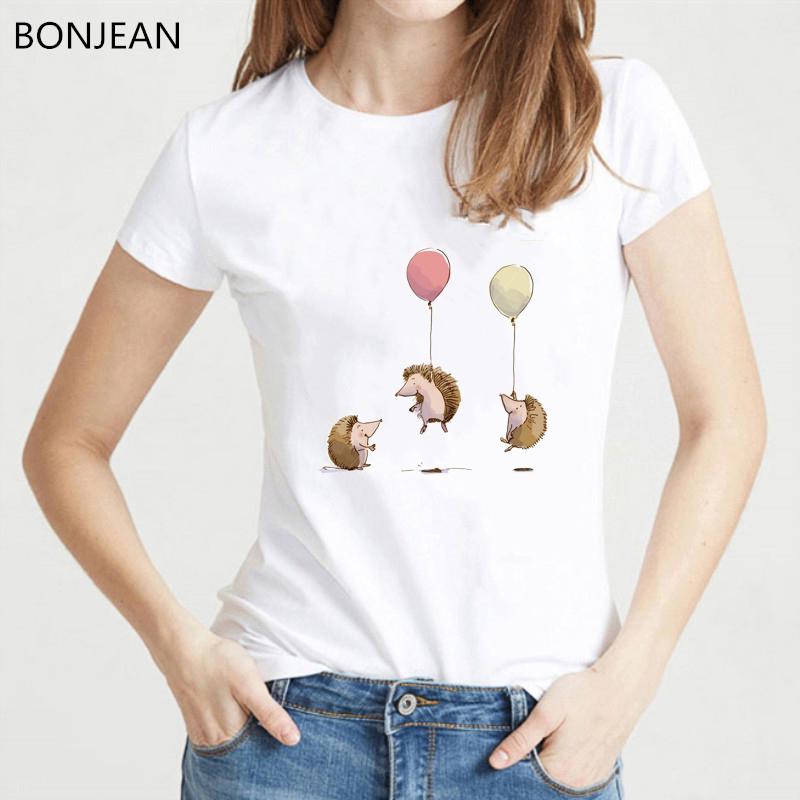 Summer Shirt Women Harajuku Kawaii Balloons Hedgehog T Shirt Femme White Casual Animal Print Camiseta Mujer Top Female T-Shirt