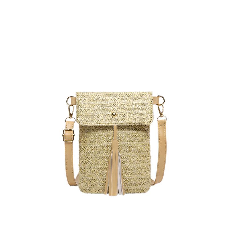 Mobile Phone Bag Fashion Small Square Bag Ethnic Style Fringed Shoulder Bag Textured Straw Woven Messenger Bag