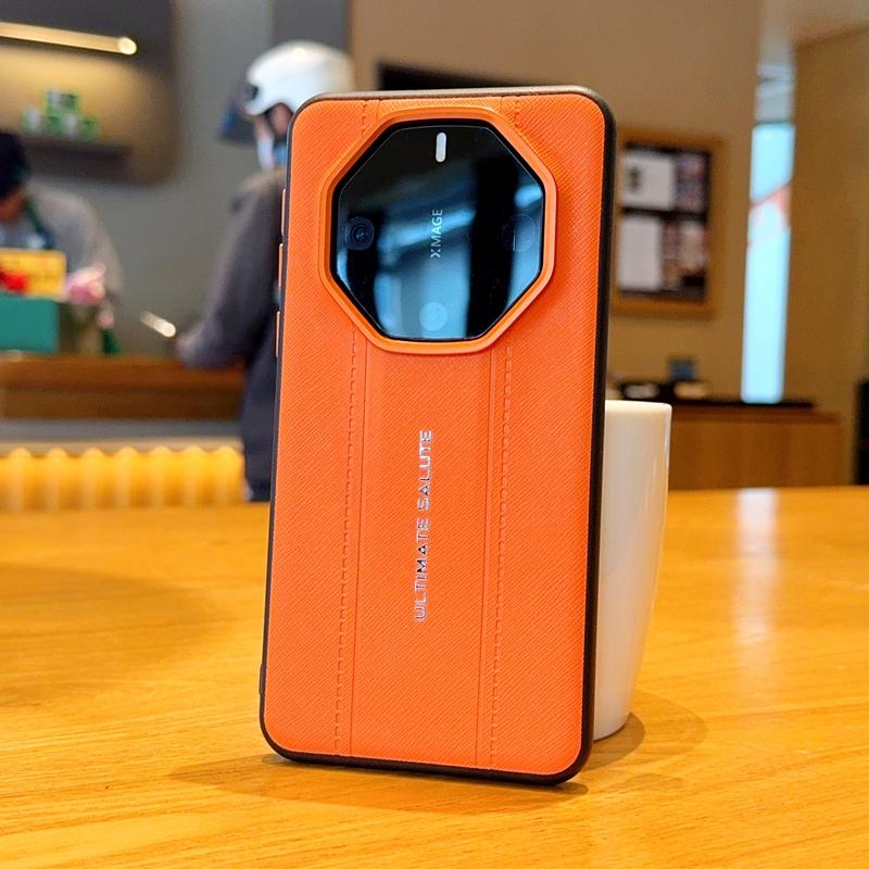 Luxury Cross Texture Leather Design Case For Huawei Mate 60RS 50RS 40RS Slim Orange Camera Ring Shockproof Cover