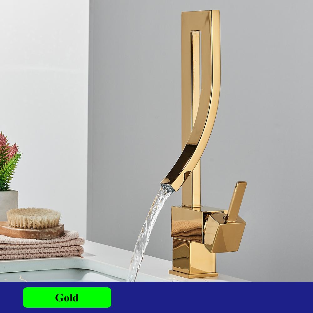 Блестящий золотой смеситель для раковины в ванной комнате, смеситель для холодной и горячей воды, кран для установки на бортик, черный никель, хром, латунь, водопадные смесители с одной ручкой