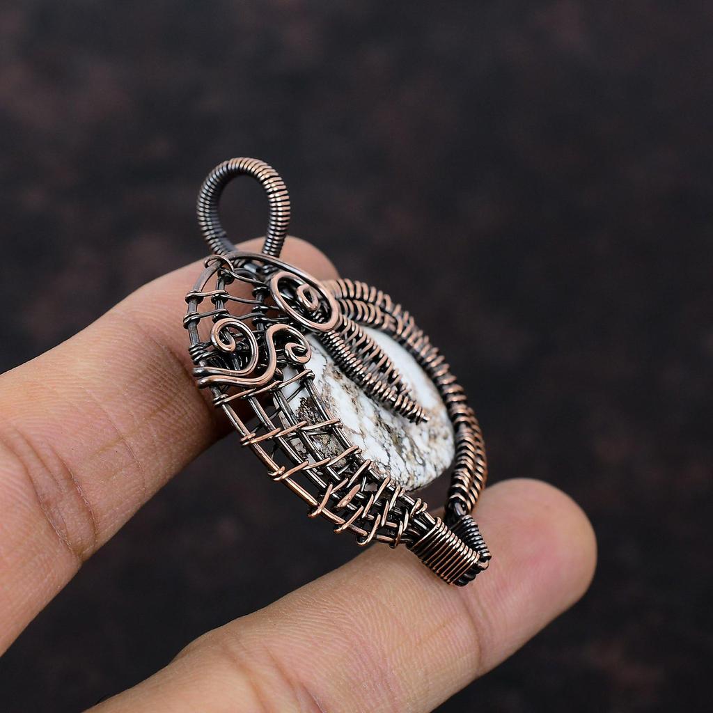 Подвеска из магнезита Wild Horse, обернутая медной проволокой, потрясающая подвеска из драгоценных камней, обернутая проволокой, ювелирное изделие, подарок для нее, медные украшения ручной работы