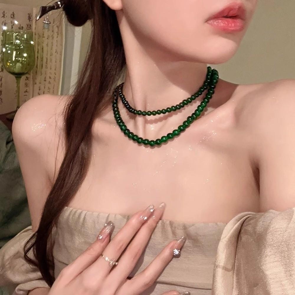 Round Green Beads Necklace 4 6 8 10mm Collarbone Chain New Choker Necklace Gifts