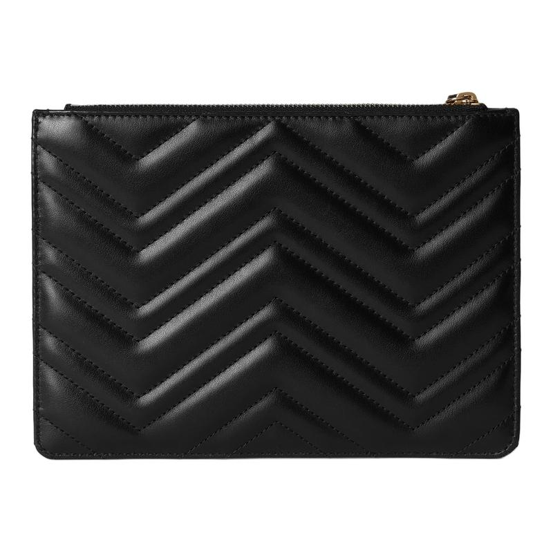 Gucci GG Marmont Light Gold Hardware Zipper Closure Leather Clutch Small Women's Black