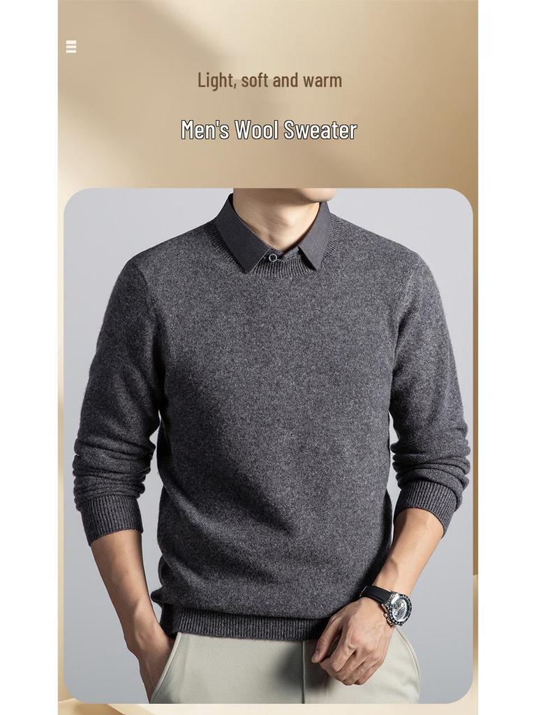 2025 Men's Thick Wool V-Neck Lapel Sweater - Fake Two-Piece Business Knitwear