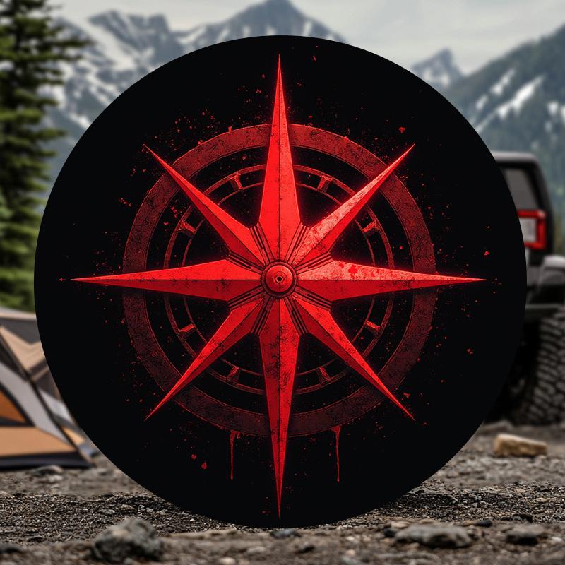 1pc Red Compass Pattern Car Spare Tire Cover | Mysterious Distressed Octagram Design, Dust And Sun Protection, Durable, Universa