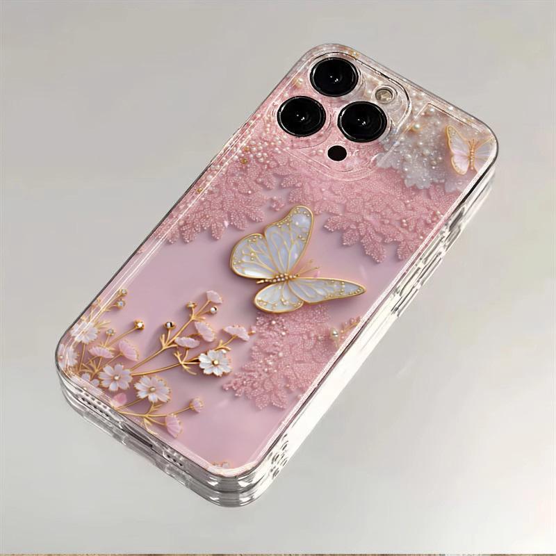 Pink Lace Butterfly Design Clear Phone Case For iPhone 17 16 15 14 Pro Max 13 12 11 7 8 Plus 16e 17 Air Soft TPU Cover