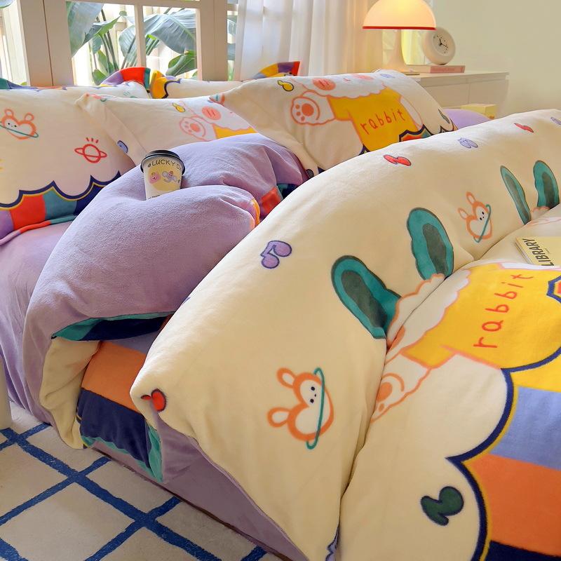 Комплект из четырех предметов из утолщенного молочного флиса, зимний теплый двухсторонний флисовый пододеяльник, флисовая простыня из трех предметов