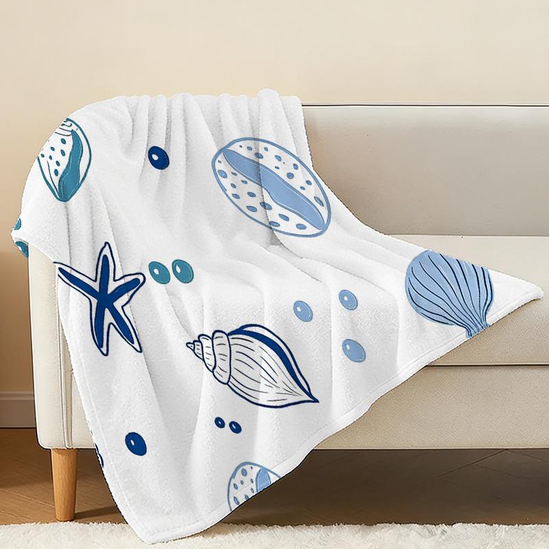 Plush Flannel Throw Blanket – Machine Washable Soft Warm Ocean Theme with Shell & Starfish, Cozy for Home Lounge, Office Nap, Halloween & Christmas