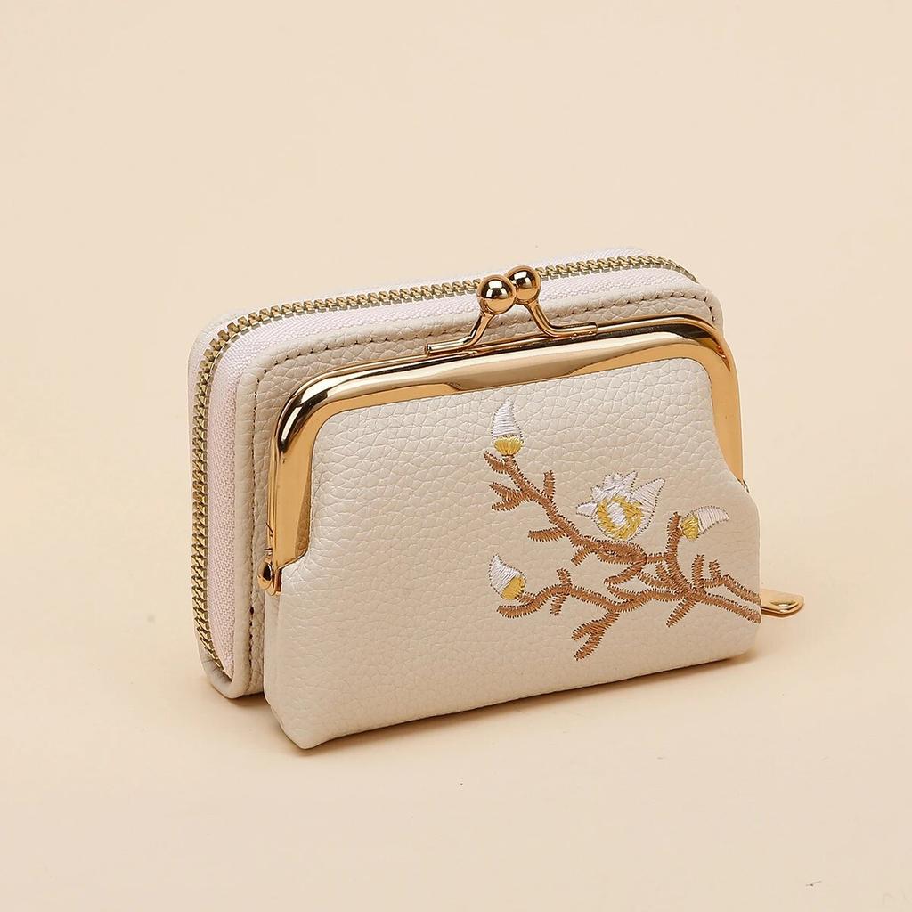 Graphic Flower Embroidered Short Wallet Kiss Lock Zipper Clutch Purse  Faux Leather Coin Purse