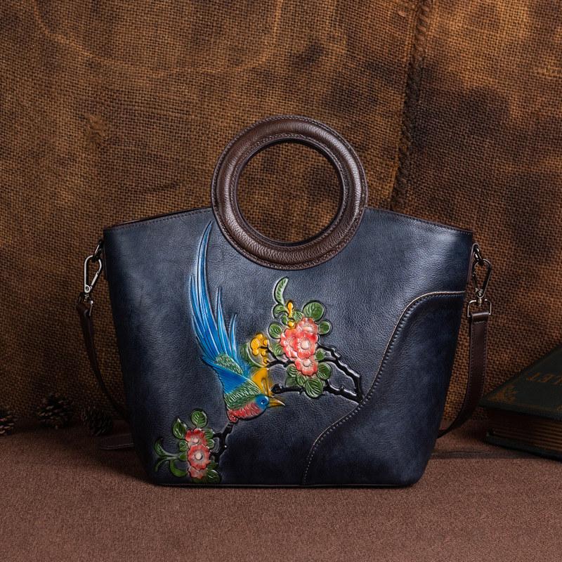 Flower Bird Embossing Genuine Leather Shoulder Bags for Women Ladies Vintage Design Handbags Fashion Crossbody Bag