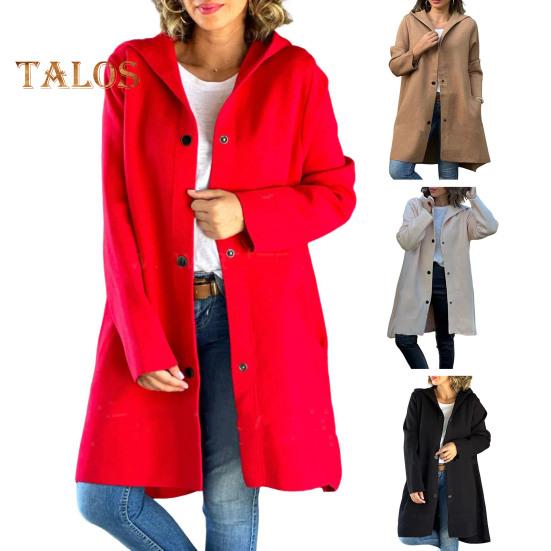 Осенне-зимняя женская шерстяная куртка с капюшоном, средней длины, с украшением в виде кольца на спине, однобортная, с длинными рукавами, однотонная, для ежедневных поездок на работу, пальто