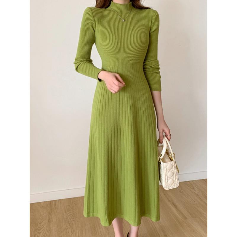 Осень-зима 2023, тонкое вечернее платье миди с длинными рукавами для женщин, вязаное элегантное вязаное платье-свитер с полувысоким воротником, женские платья