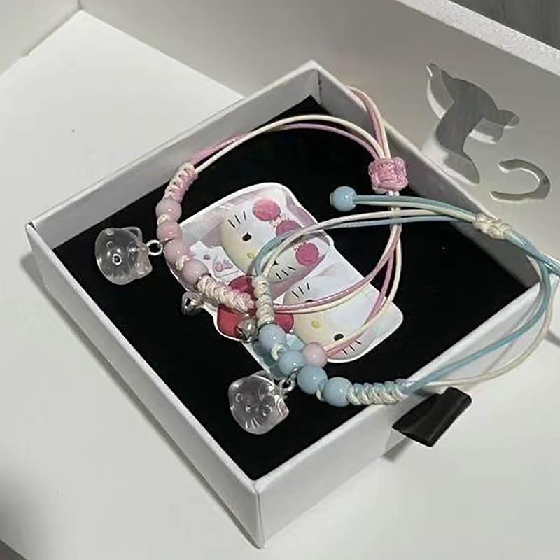 Kawaii Hello Kitty Браслет Y2K Розовый Браслет Lucky Girl Плетеный Веревочный Браслет Милый Подвесной Друг Пара Ювелирные Изделия Подарок