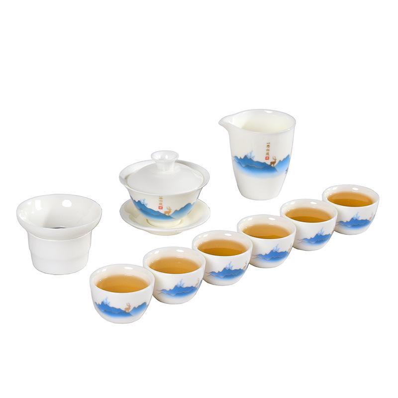White porcelain tea set business gift cover bowl tea set gift box set suet jade porcelain high-end kung fu tea set