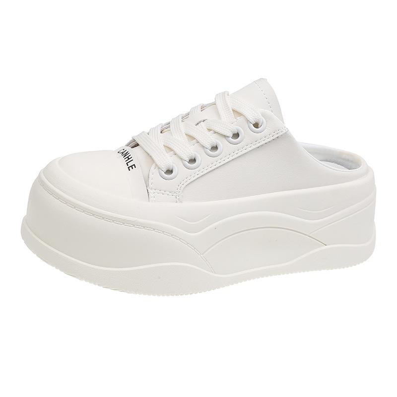 Muffin platform white shoes women's 2025 new round head lace-up fashionable versatile small height-increasing breadboard shoes