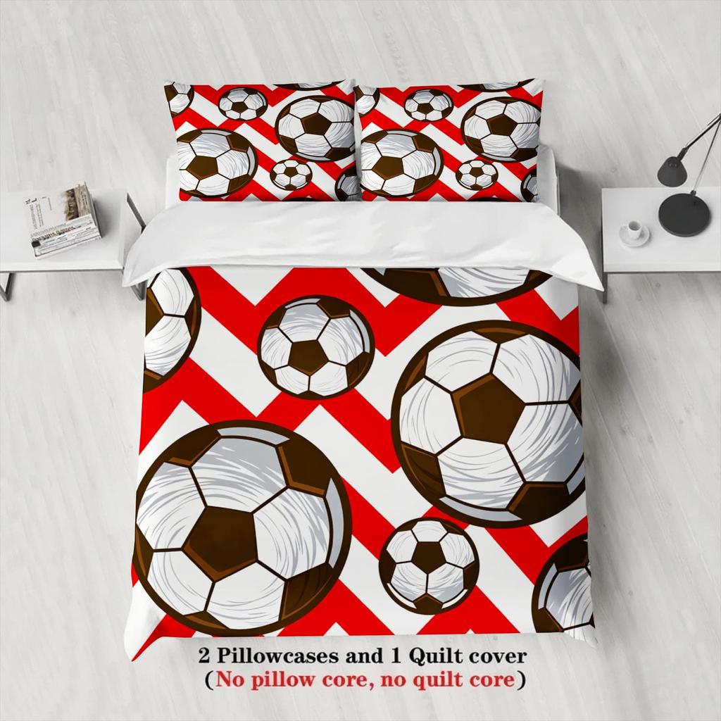3Pcs Red Chevron Soccer Ball Print Duvet Cover Set – For Kids Gift 100%Polyester, Soft, Breathable For Bedroom Decoration
