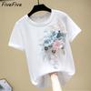 FiveFive Streetwear Women T Shirts Flowers Solid Appliques Beading Tops Female Summer Short Sleeve Plus Size Tees Cotton Clothes