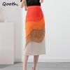 Qooth Женская модная юбка-карандаш с кисточками и разрезом на бедрах, элегантная плиссированная юбка-карандаш средней длины с высокой талией на весну и лето QT2120