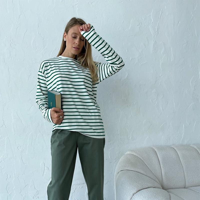 Уютные свободные футболки с длинным рукавом в полоску для женщин, осенние базовые повседневные хлопковые топы с круглым вырезом, блузка в уличном стиле