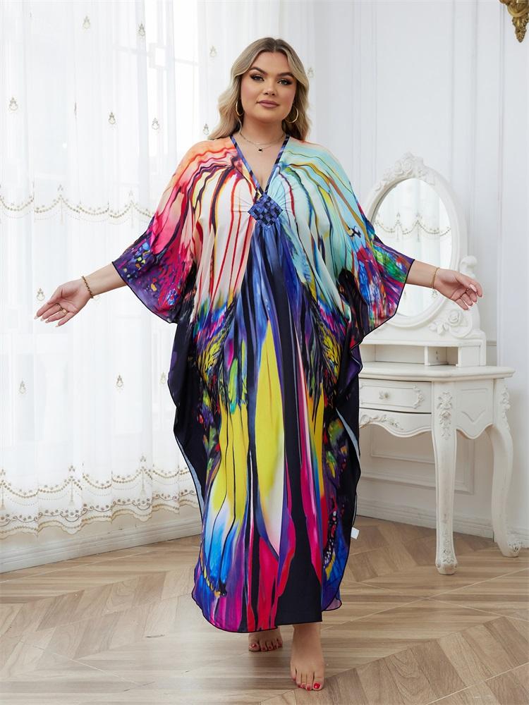 EDOLYNSA Plus Size Multicolor Printed Kaftan Dress For Women Outfit Boho Vacation V-neck Split Robe Summer Beachwear Swimsuit Cover Up Q1588