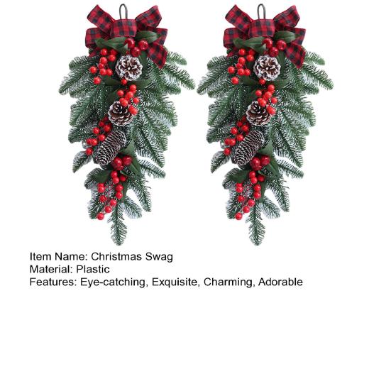 Christmas Swag Artificial Teardrop Swag Wreath with Pine Cones Red Berries And Bow Winter Door Hanging Swag for Front Door Stair Decor