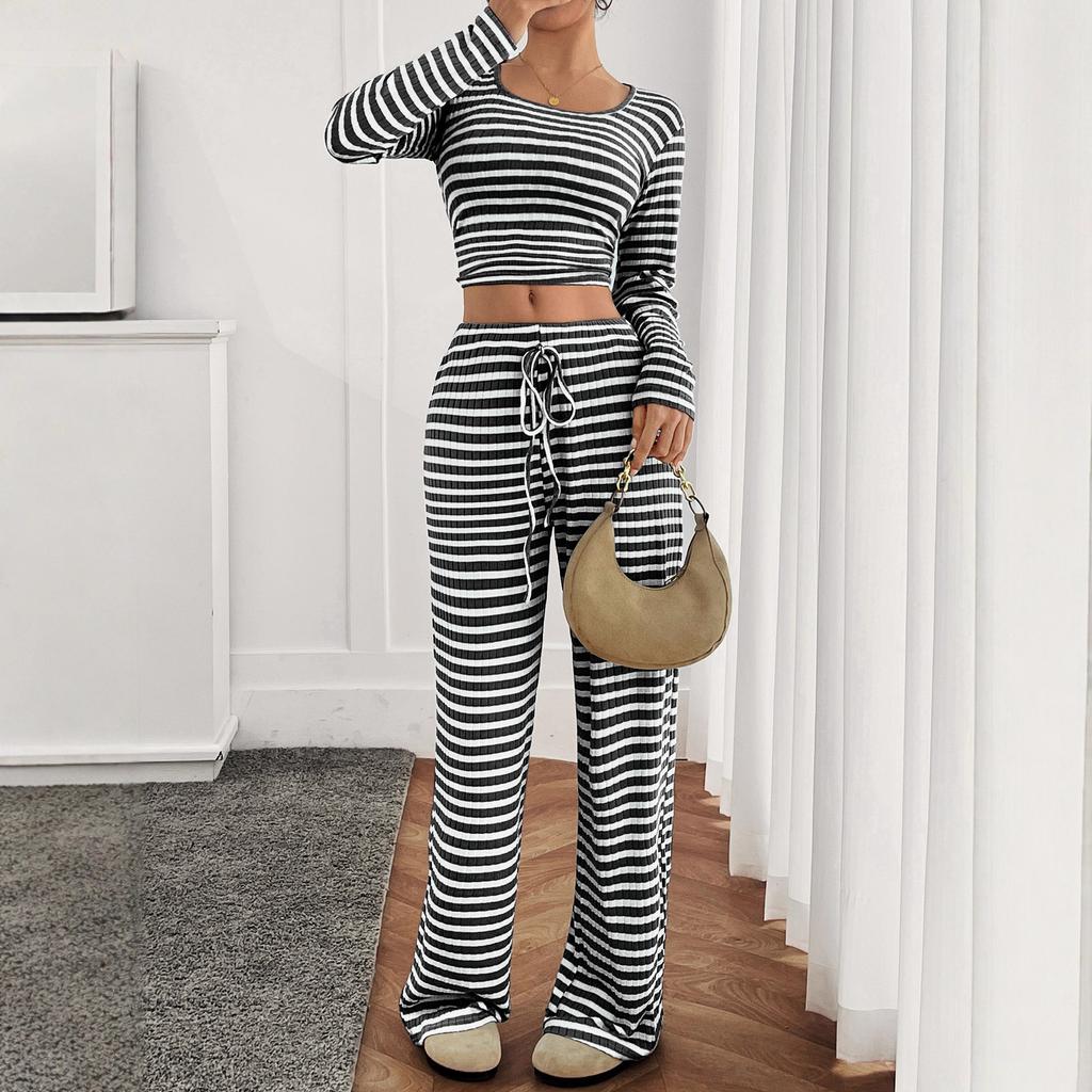 Autumn New Product Women's Striped Square Collar Long Sleeve Drawstring Elastic Waist Trousers 2-piece Slim Fit Set