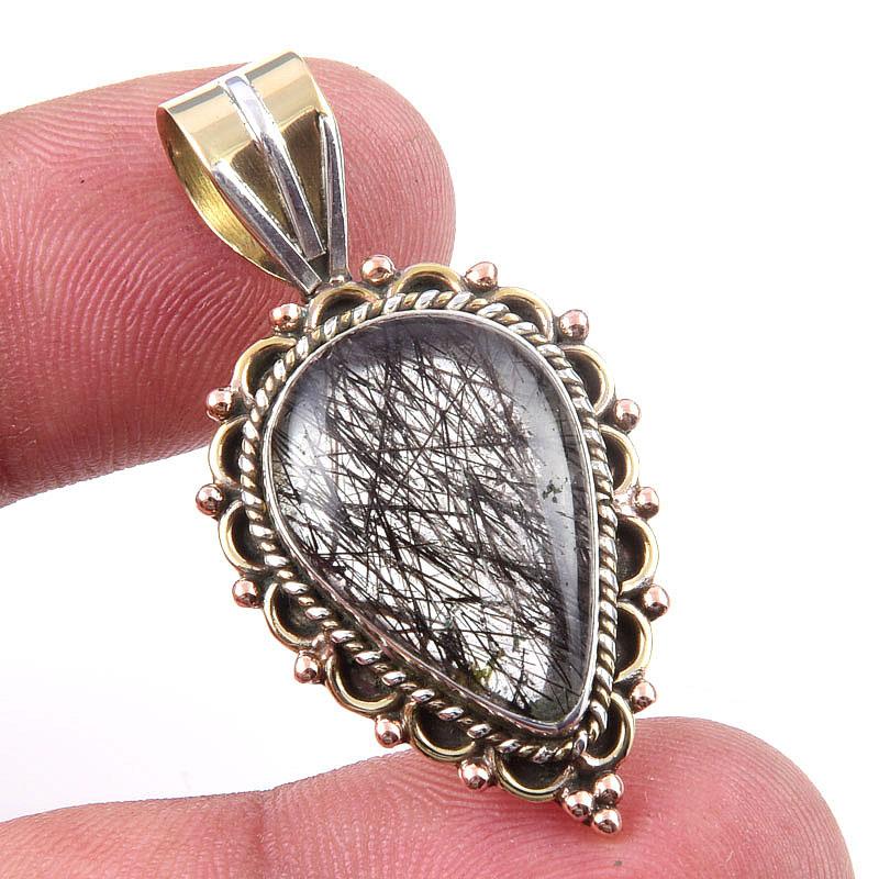Natural Black Rutile 925 Solid Sterling Silver TwoTone Gift Pendant 1.50" r2P02