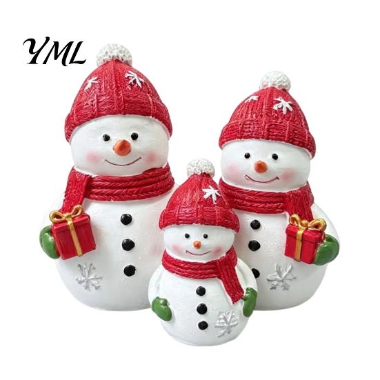 Seasonal Home Decor Christmas Resin Snowman Figurine, Cute Family of 3 Statue with Santa Unique Presents Hat, Red Scarf, Holiday Tabletop Ornament for