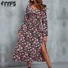 Women's Fashion Autumn Flower Pattern Print Long Sleeve V-Neck Middle Waistline Casual Dresses