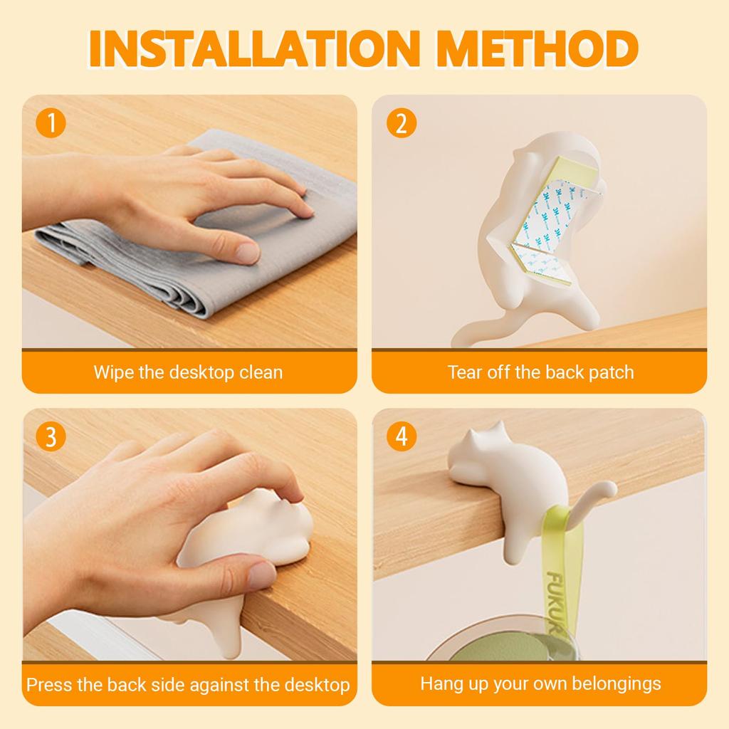 4 PCS Cat Shape Table Hook,Portable Purse and Key Hook for Desk,Suitable for Entrance Hall, Kitchen, Bedroom, Classroom, Office