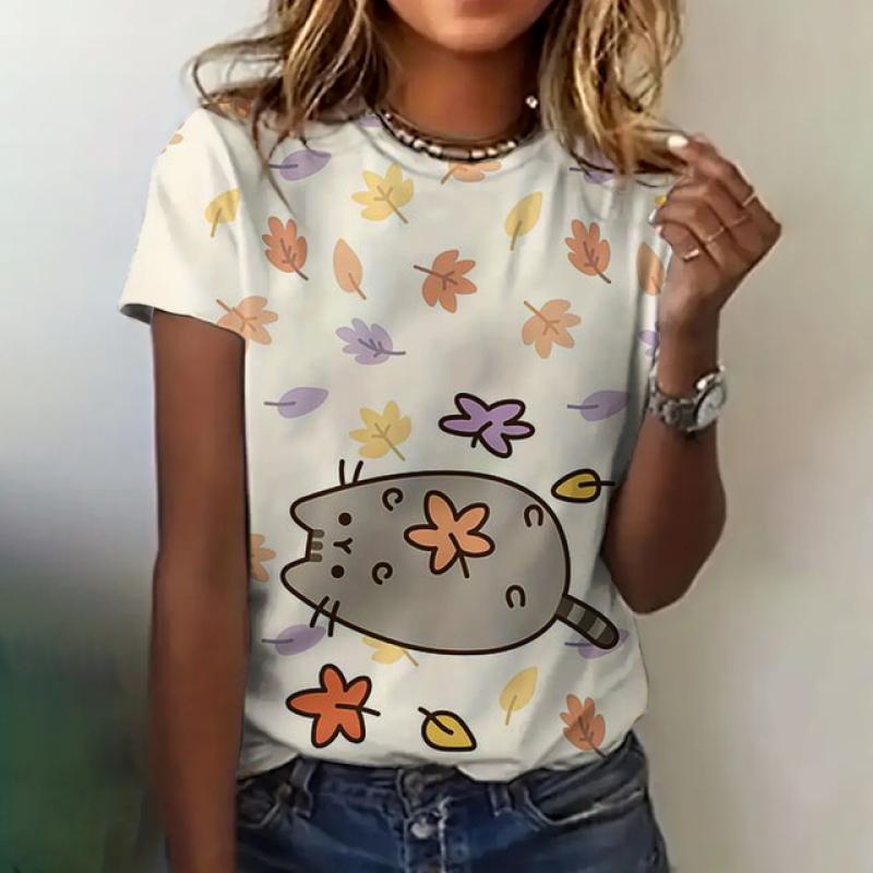 Women's T-shirt Cat Print Short Sleeve Summer Casual Wear Loose Top Fashion Round Neck Short Sleeve Women's Elegant T-shirt