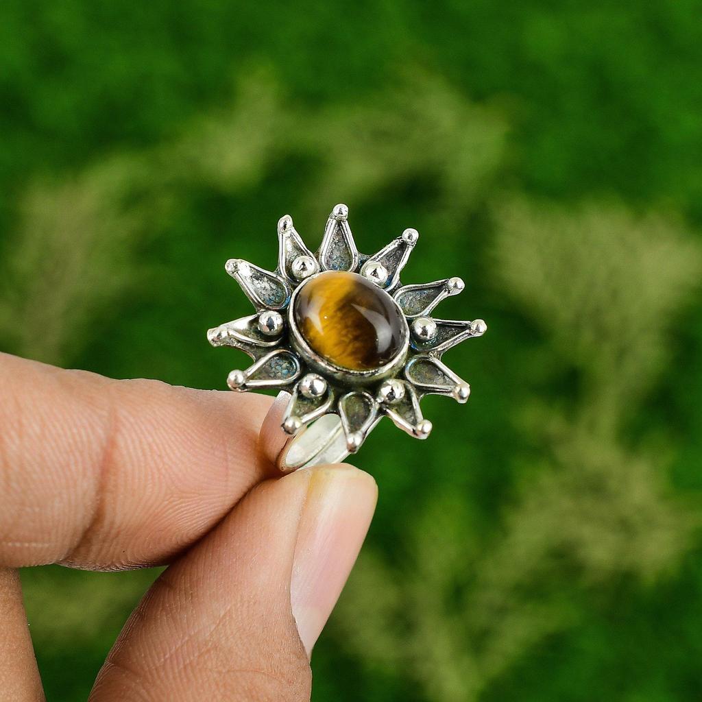 Womens day Deal Sterling Silver Tigers Eye Stone New Flower Promise Sister Ring