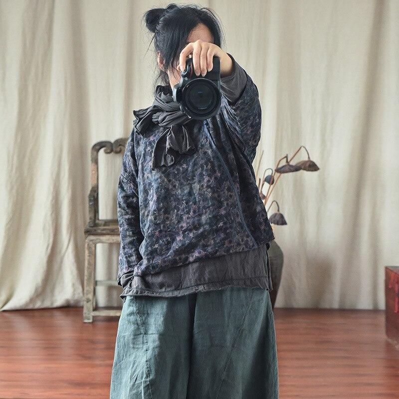 Johnature Women Vintage Button Coats O-neck Long Sleeve Print Floral Loose Clothes Autumn Cotton Linen Casual Coat