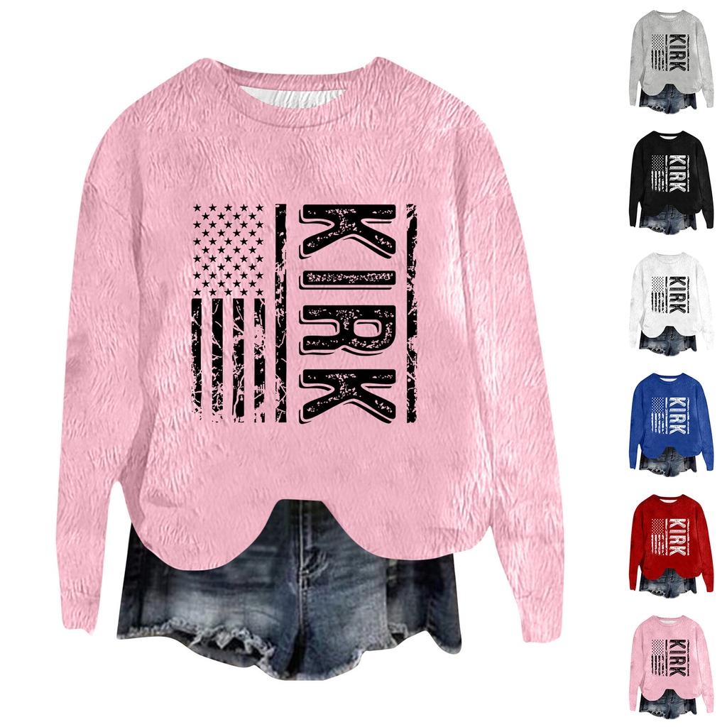 Women's Fashion Round Neck Pullover Top Long Sleeve Tee Printed Sweatshirt