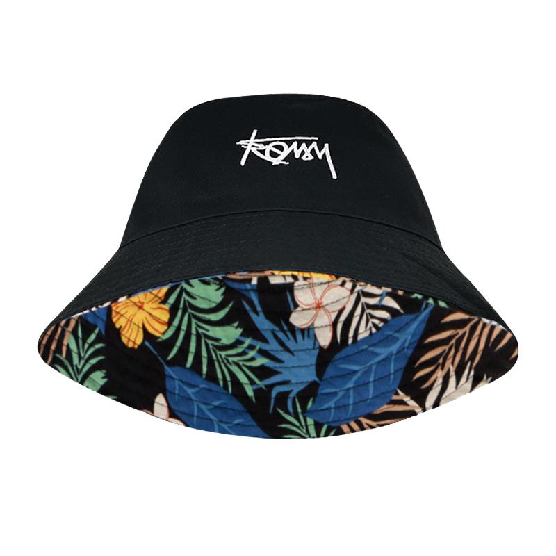 Korean Letters Embroidery Bucket Hat For Women Men Summer Coconut Trees Print Double-Sided Fisherman Cap Wide Brim Sunshade Hats
