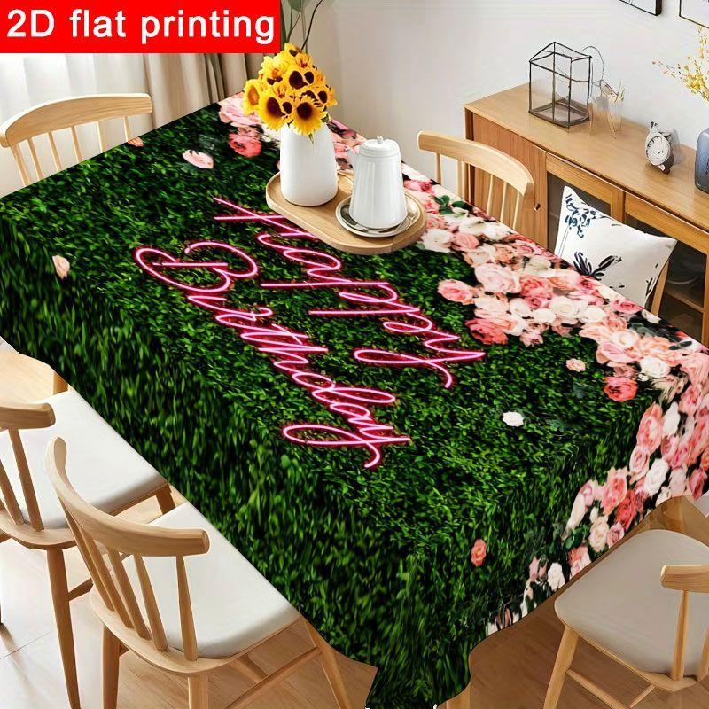 1pc Elegant Floral Birthday Tablecloth - Romantic Green Hedge Wall with Pink Roses Design, Reusable And Easy to Clean Polyester Table Cover for Birthd