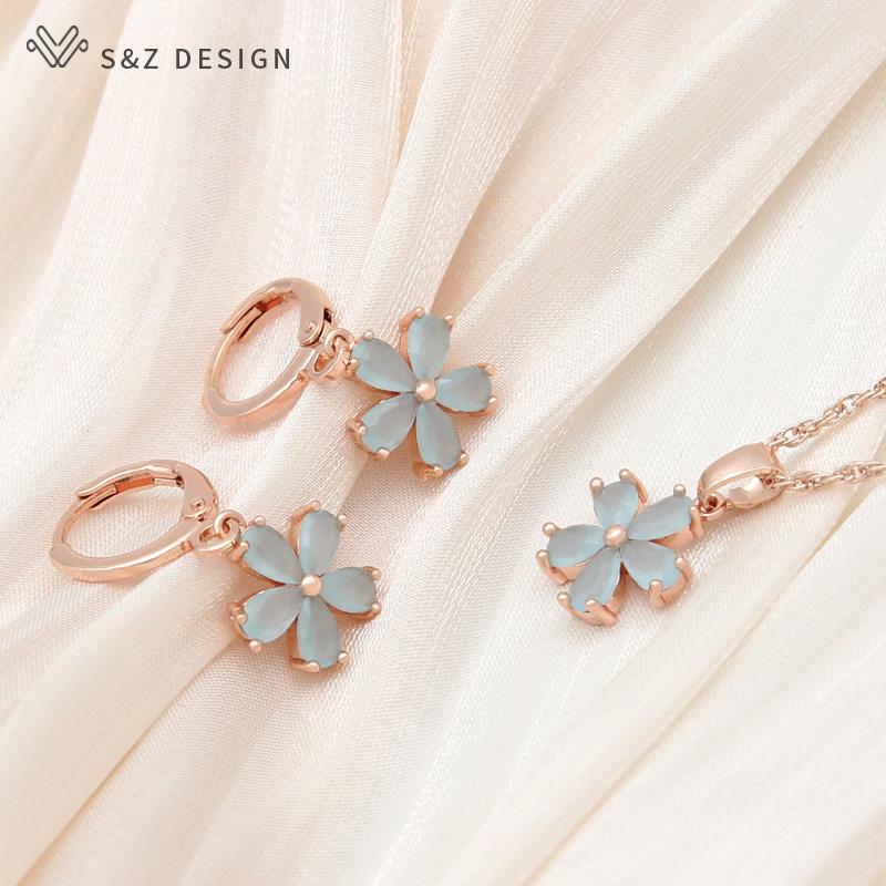 Stylish Rose Gold Color Cute Cubic Zirconia Flower Drop Earrings Jewelry Sets For Women Wedding Elegant Fashion Pendant Necklace