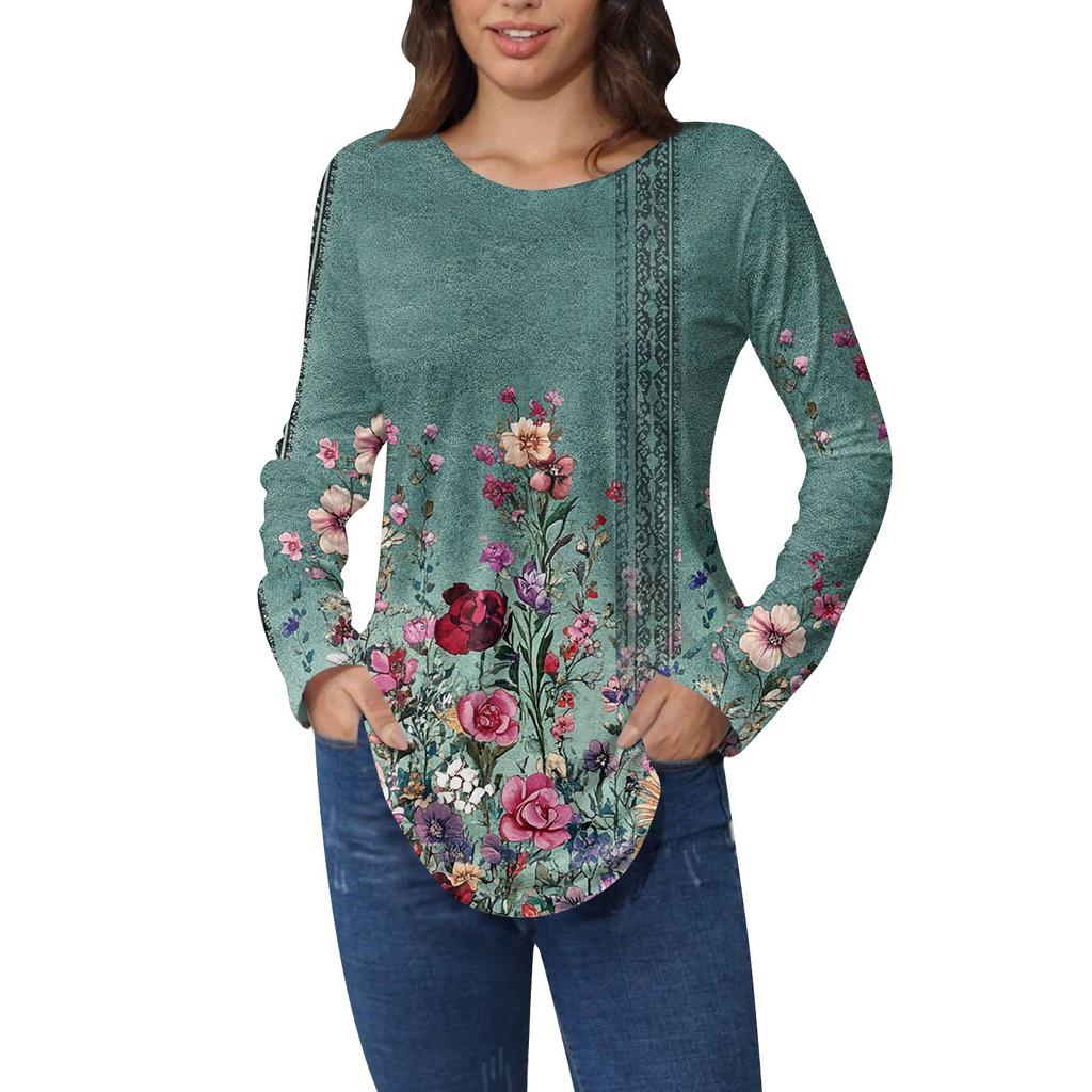 Рубашки для женщин Милые винтажные узоры с принтом Футболка с длинным рукавом Туника Топы Хлопковые пуловеры