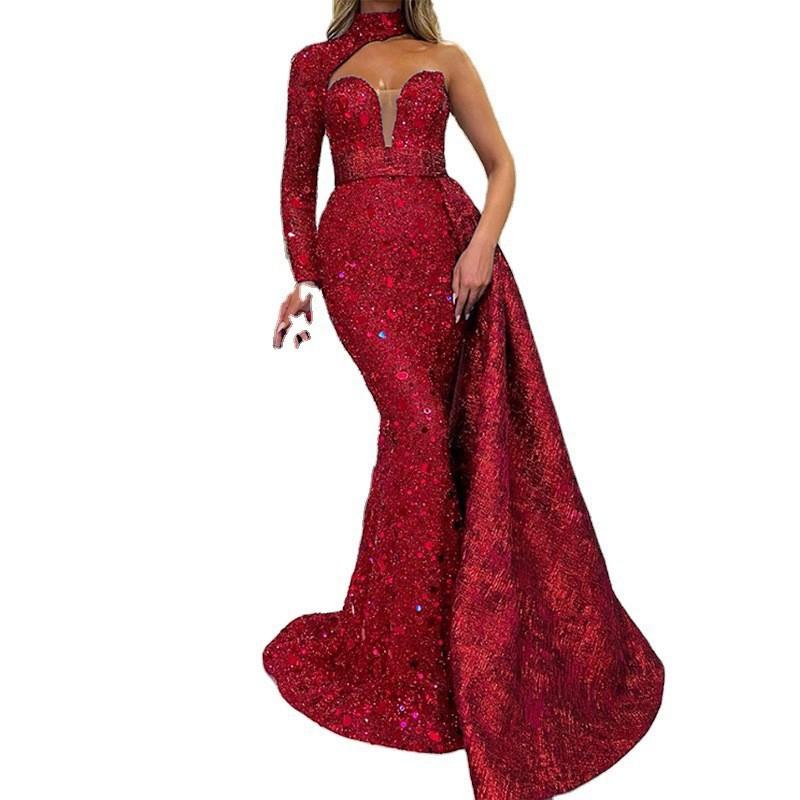 Elegant Long Sleeve Floor-Length Tulle Evening Gown Formal Events Banquet Stage Performance - High Waist Fish Tail