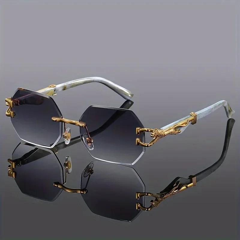 Trendy Unisex Polygonal Frameless Gradient Sunglasses Retro Wood Grain Leopard Leg Square Driving Glasses
