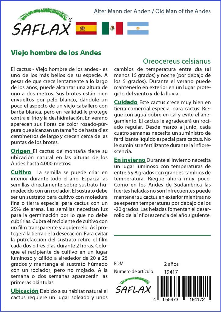 SAFLAX Garden in the Bag - Old Man of the Andes - 40 семян - С субстратом в подходящем пакете - Oreocereus celsianus