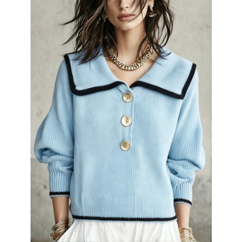 Women S Vintage Color Block Lapel Loose Long Sleeve Knit Sweater