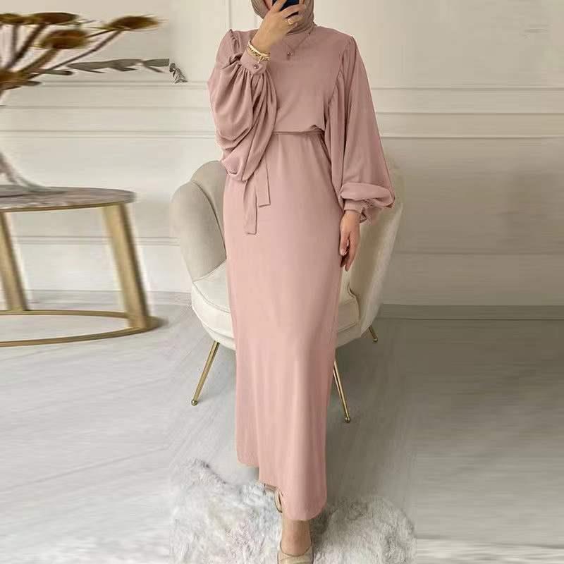 Southeast Asian Fashion Lantern Sleeves Waist Hip Crewneck Long Sleeve Women's Dress Plus Size
